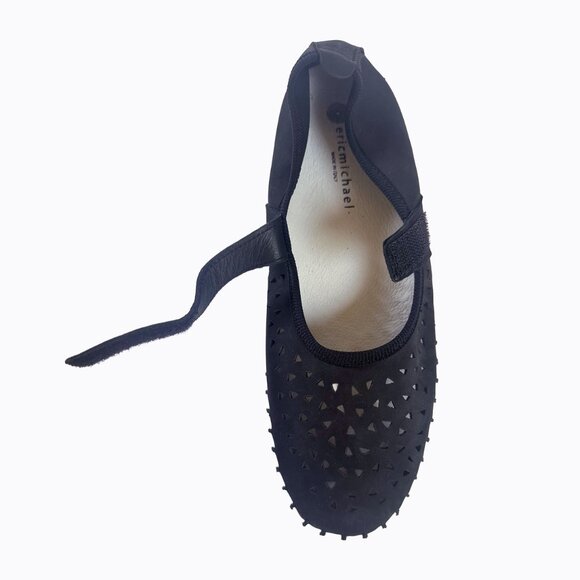 Eric Michael Italian Nubuck Sz 8.5 Mary Jane Flats Black Perforated Y2K Ballet - Picture 2 of 11